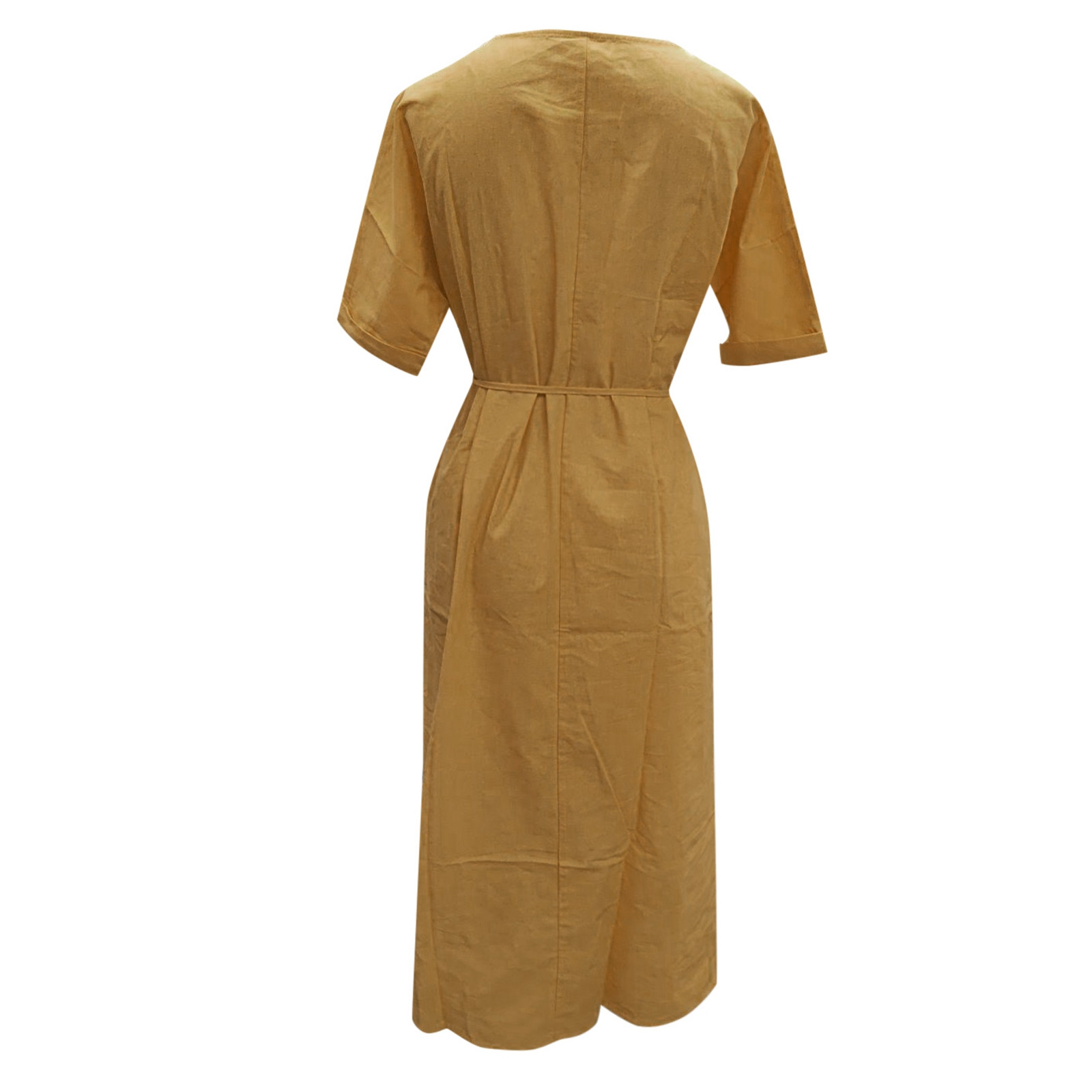 thumbnail image 5 of Vestido largo de lino para mujer talla grande - Cintura con cordón, abertura, manga corta, informal, 5 of 6
